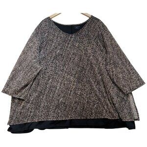 Catherines Women's Beige Black Layered Stretch Mesh Overlay Top 3/4 Sleeve Sz 4X